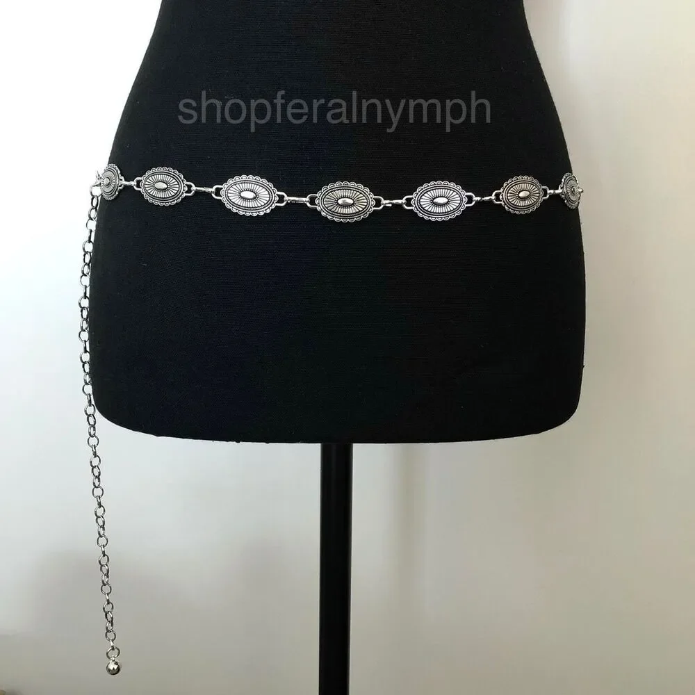 Vintage Y2K Westerncore Silver Chain Concho Belt, 45.5 Inches, X7GA1125